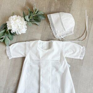 White Heirloom Special Occasion Portrait Gown Slip & Bonnet Set 100% Cotton NWT